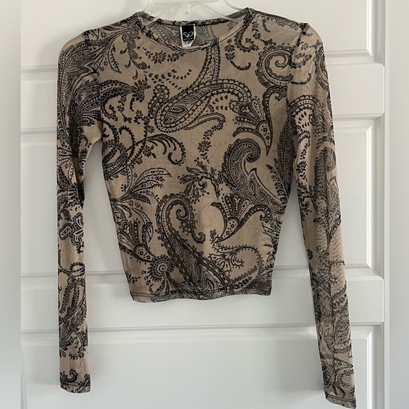 Windsor Paisley Dreams Chiffon Crop Top Neutral Long Sleeve Sheer Sexy Y2K Small - Picture 2 of 10